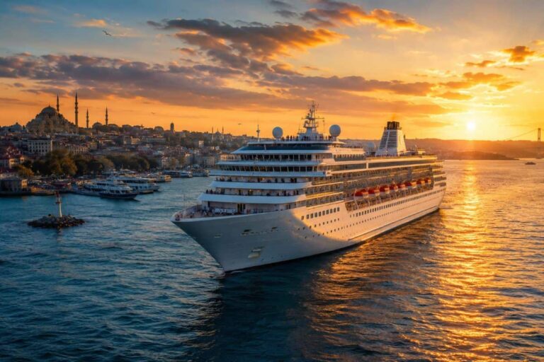 Large white cruise ship on calm water at sunset, with a coastal city skyline in the background.