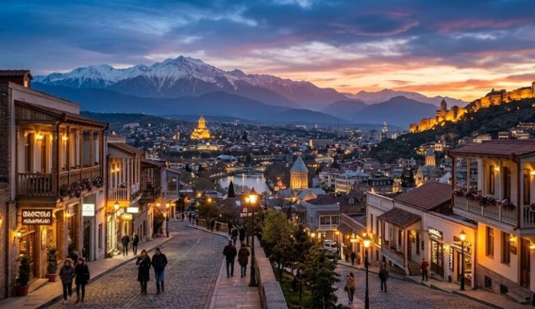 Sunset over a hill town with cobblestone street, warm-lit buildings, and distant snow-capped mountains and river in the background.