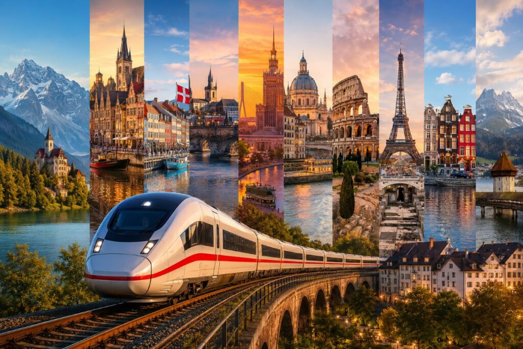 High-speed train on a curved bridge with a collage of European city landmarks in the background, suggesting a travel theme