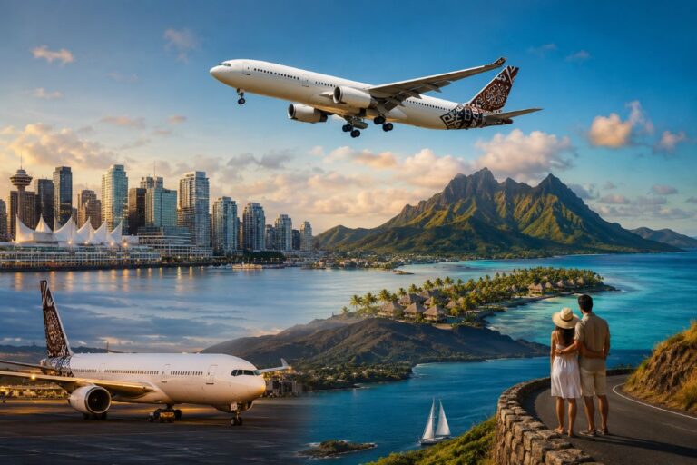 Couple standing on a coastal road, overlooking a tropical island, harbor, and distant city with mountains as planes fly overhead.