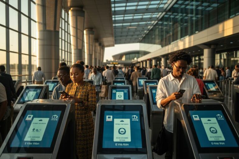 Crowded airport terminal with travelers using self-check-in kiosks along a glass-walled corridor at sunset light