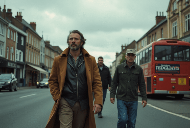 Three men walk down a city street with a red double-decker bus in the background; the man in the tan overcoat leads the group.