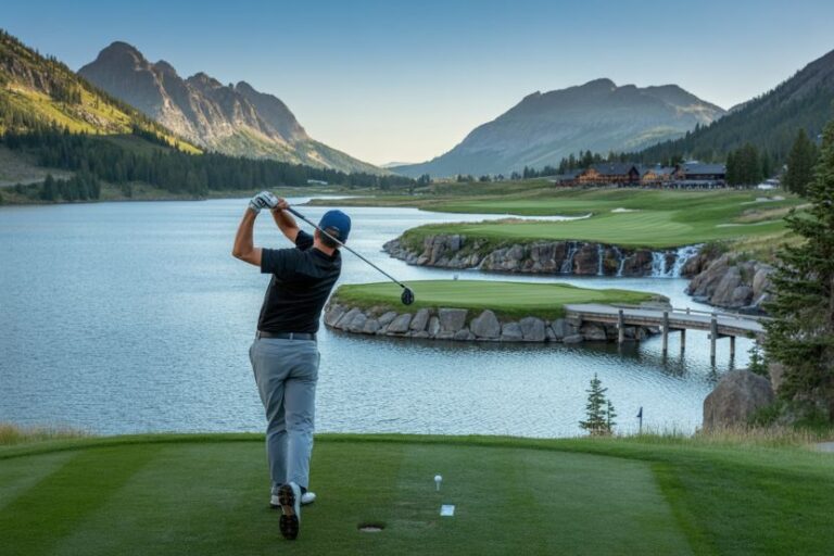 Golfer mid-swing on a green tee, with a lake, rocky outcrop, and mountain range in the background.