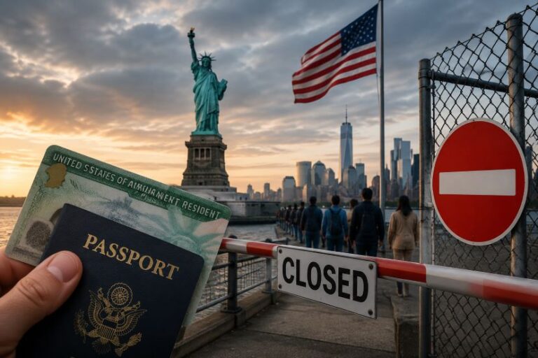 Passport and travel documents in the foreground as the Statue of Liberty, US flag, and NYC skyline appear behind a closed barrier and fence by the waterfront.