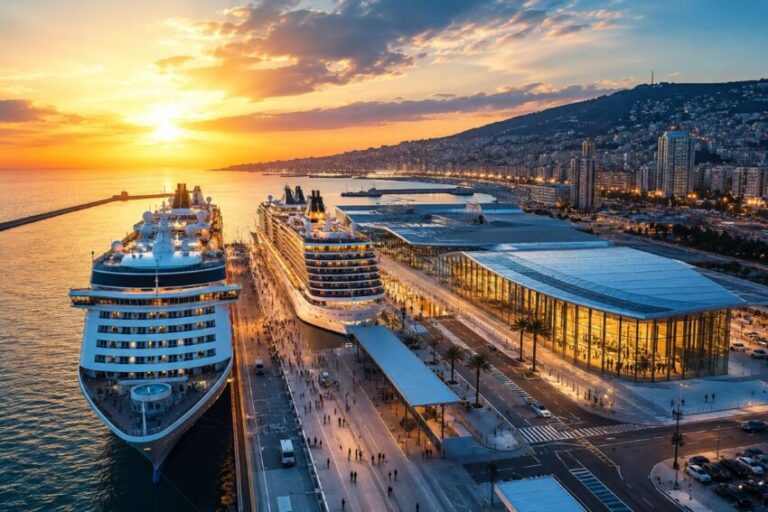 Sunset over a harbor with two cruise ships docked beside a glass-front terminal building and a city on the hillside in the background.