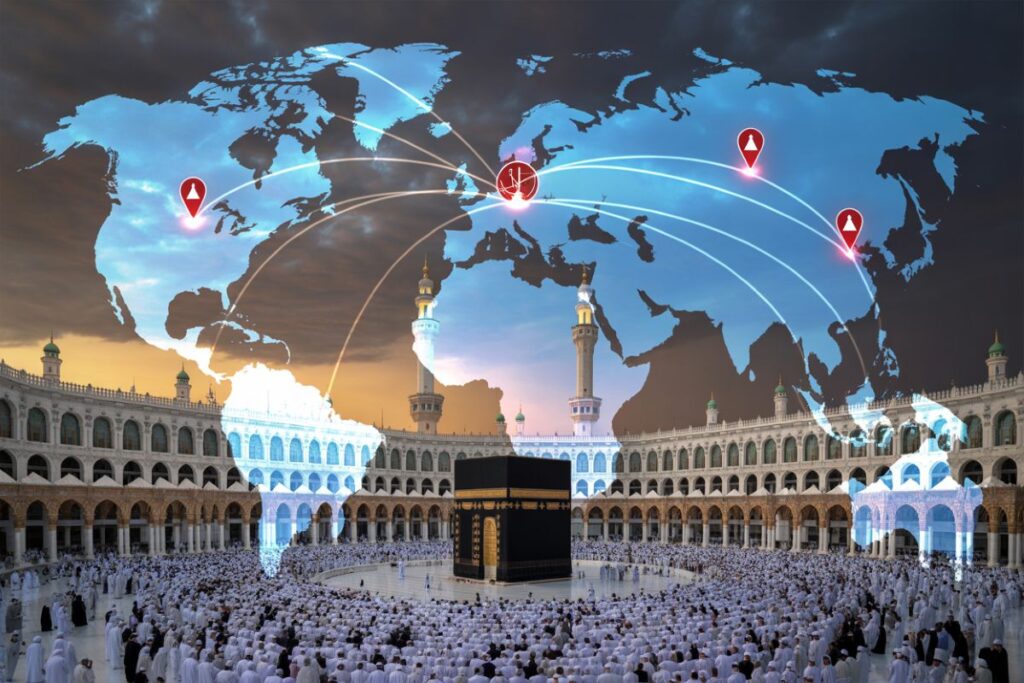 Mecca’s Kaaba surrounded by pilgrims with a translucent world map overlay and glowing pilgrimage routes.