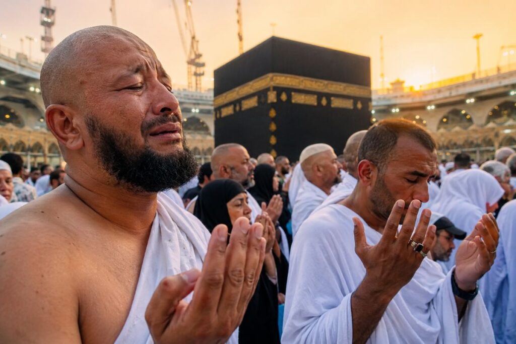 Group of Muslims in white ihram garments praying with the Kaaba in the background during sunset.