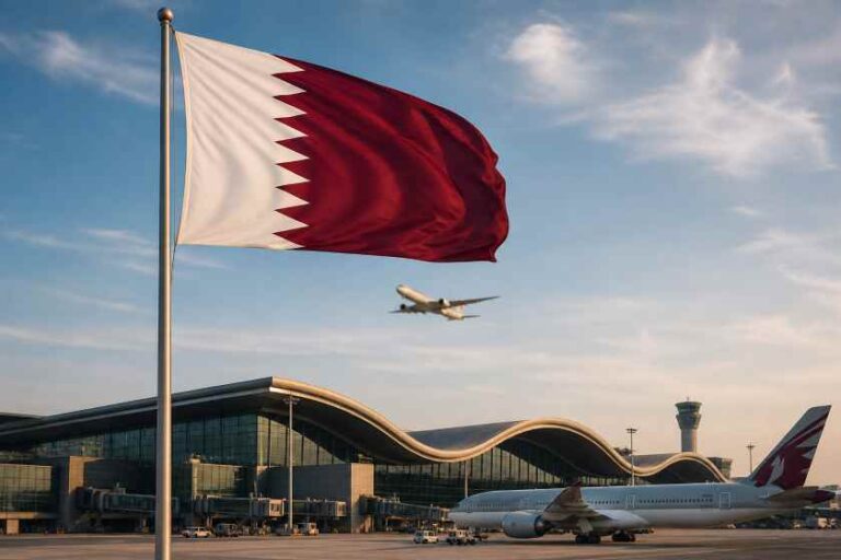 Qatar flag waving at a modern airport with a jet taking off in the background