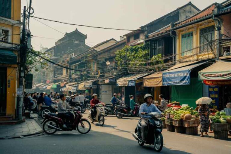 Bustling street market scene with motorbikes, pedestrians, and fruit stalls under colorful awnings in a narrow urban alley.