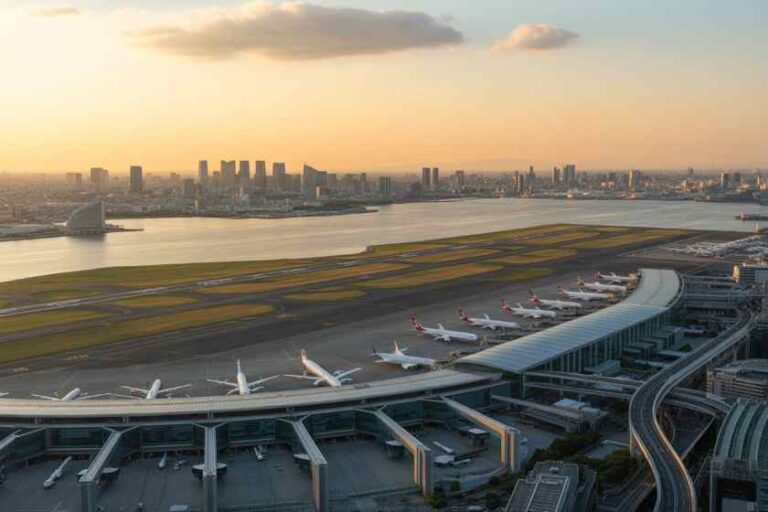 Aerial view of a curved airport terminal with parked airplanes at gates along the runway, sunset over a distant city skyline.