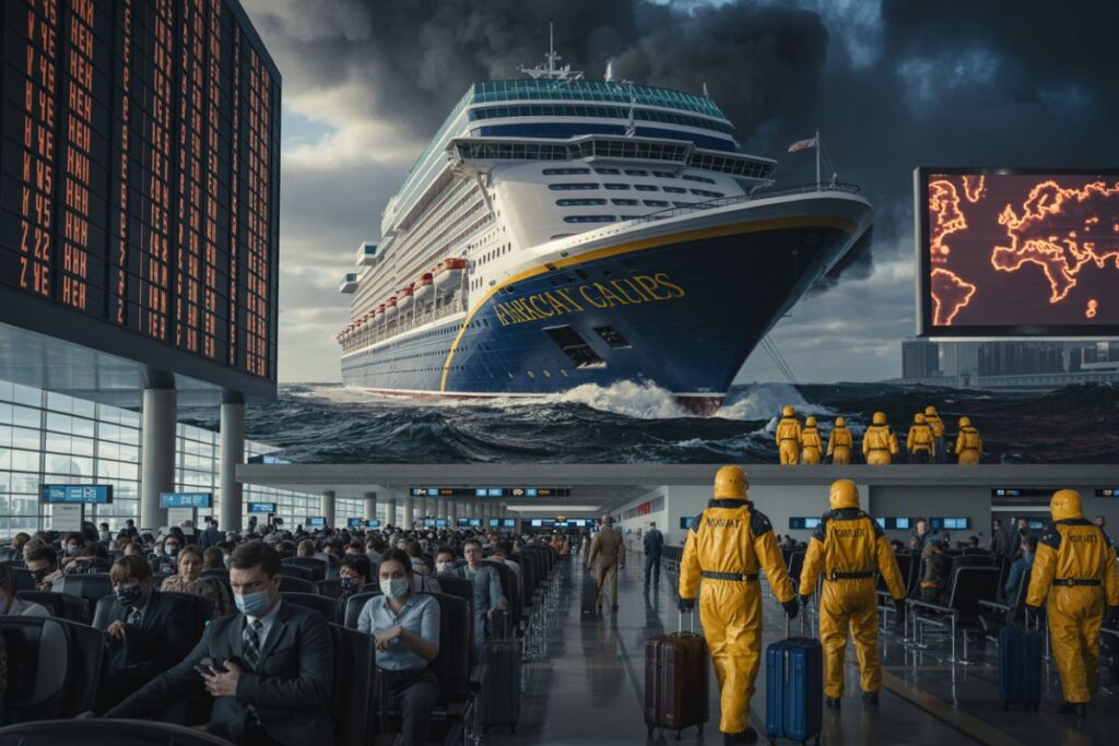 Massive cruise ship looms over a crowded airport-style terminal; masked passengers sit while yellow-suited crew escort travelers with luggage nearby.