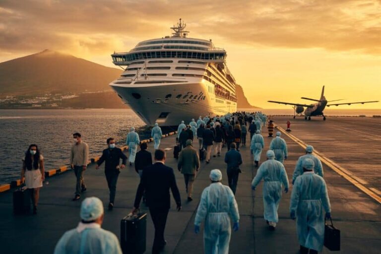 Crowd of people in protective suits and masks walking toward a large cruise ship at sunset on a dock.