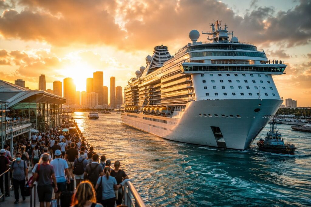 Sunset-lit harbor with a massive cruise ship docked beside a busy pier and passengers walking toward it.