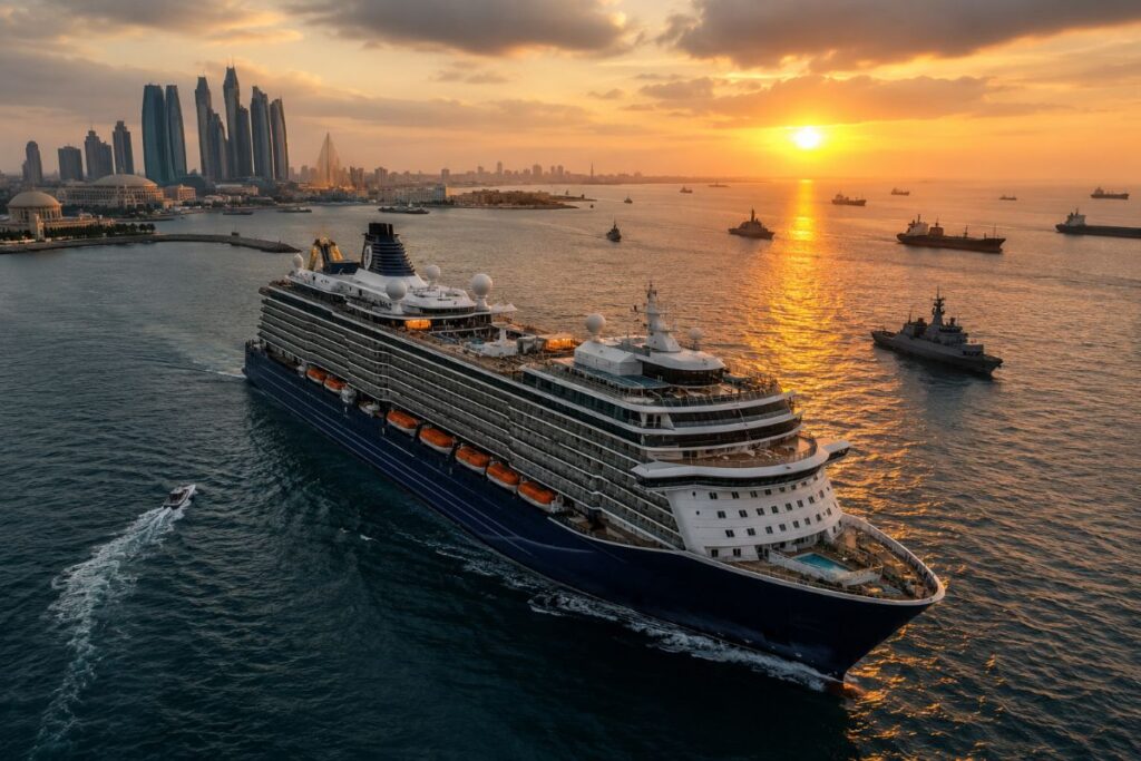 Large cruise ship gliding near a city skyline at sunset, with golden reflections on calm water and several small boats nearby.
