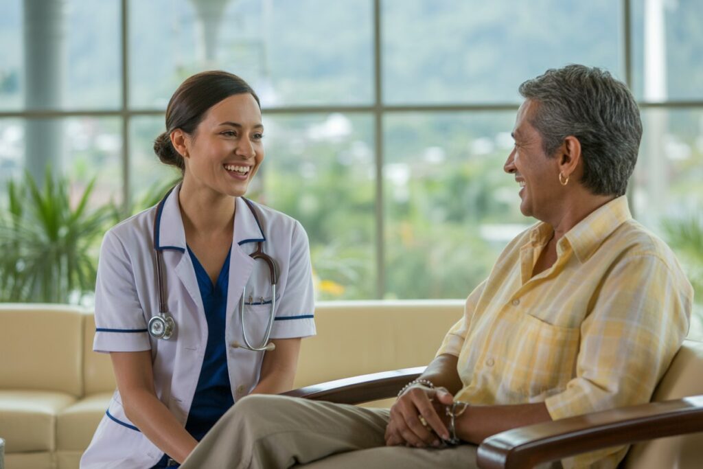 Nurse in a white coat with a stethoscope smiles while talking with an older man in a yellow shirt in a bright clinic lounge.