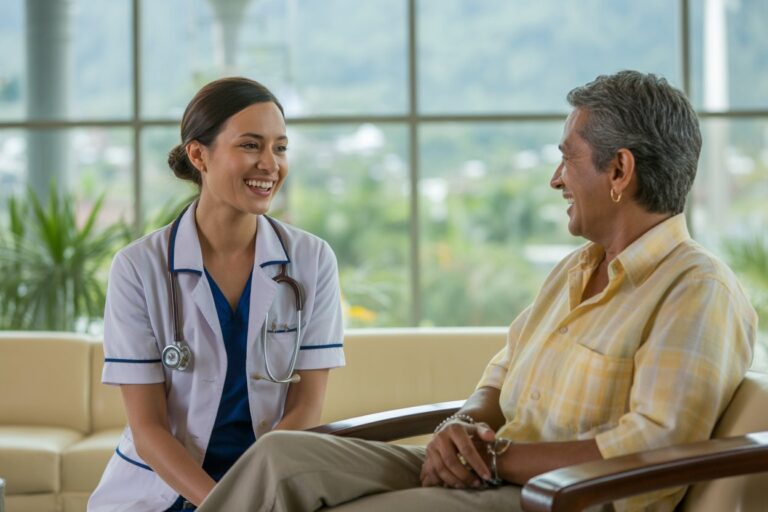Nurse in a white coat with a stethoscope smiles while talking with an older man in a yellow shirt in a bright clinic lounge.
