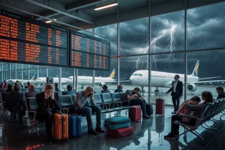 People wait in an airport terminal as a storm rages outside, with planes at the gates and lightning visible through large windows.