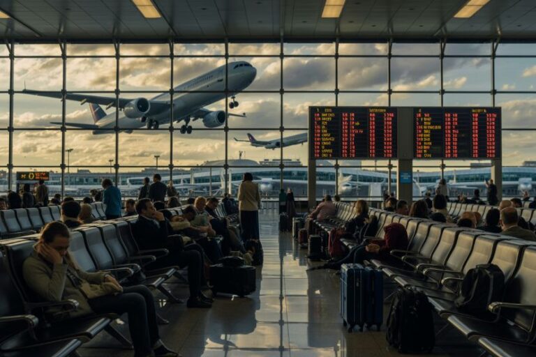 Busy airport terminal with travelers seated and luggage, as a plane taxis outside the glass wall and departure boards display times and gates.
