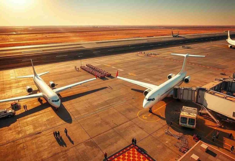 Two large airplanes parked at gates on a sunlit airport tarmac with jet bridges connected and ground crew nearby.