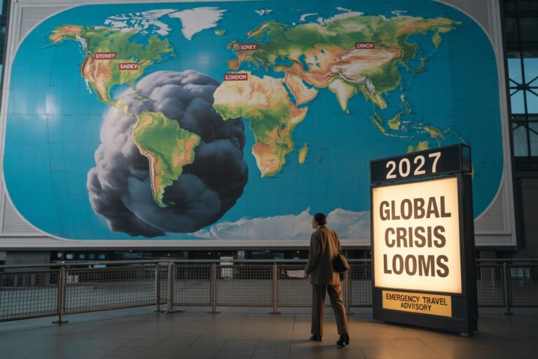 A person in a suit walks past a massive world map mural with a looming crisis sign reading 'GLOBAL CRISIS LOOMS' and '2027' above it at an airport-like terminal.