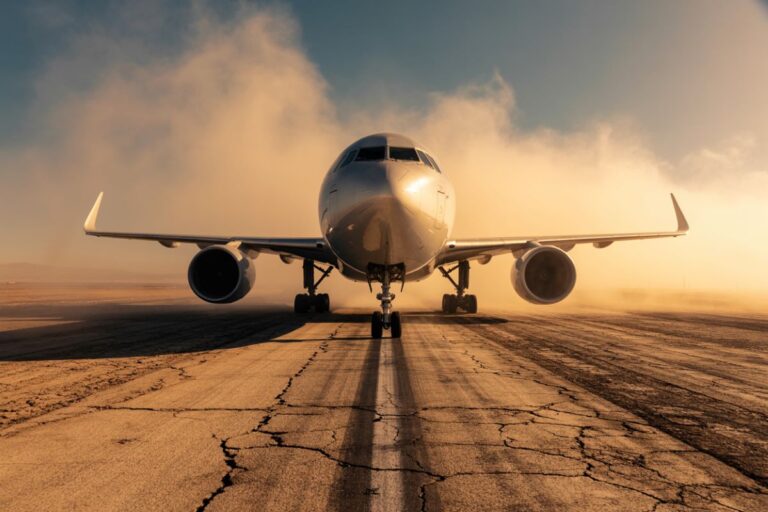 Front view of a commercial airliner on a cracked runway at sunrise, engines and landing gear visible. (Informative)
