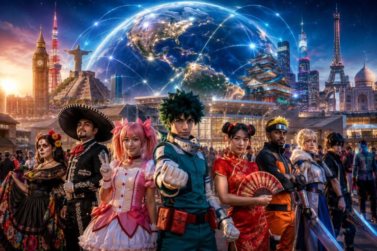 Group of diverse cosplayers in colorful outfits posing together at a city-themed backdrop with a glowing Earth and network lines behind them.