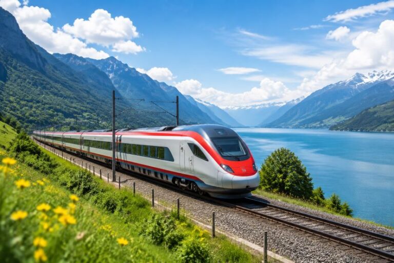 Modern high-speed train in white and red passes along a lakeside track with a blue alpine lake and snow-capped mountains in the background, wildflowers in the foreground.