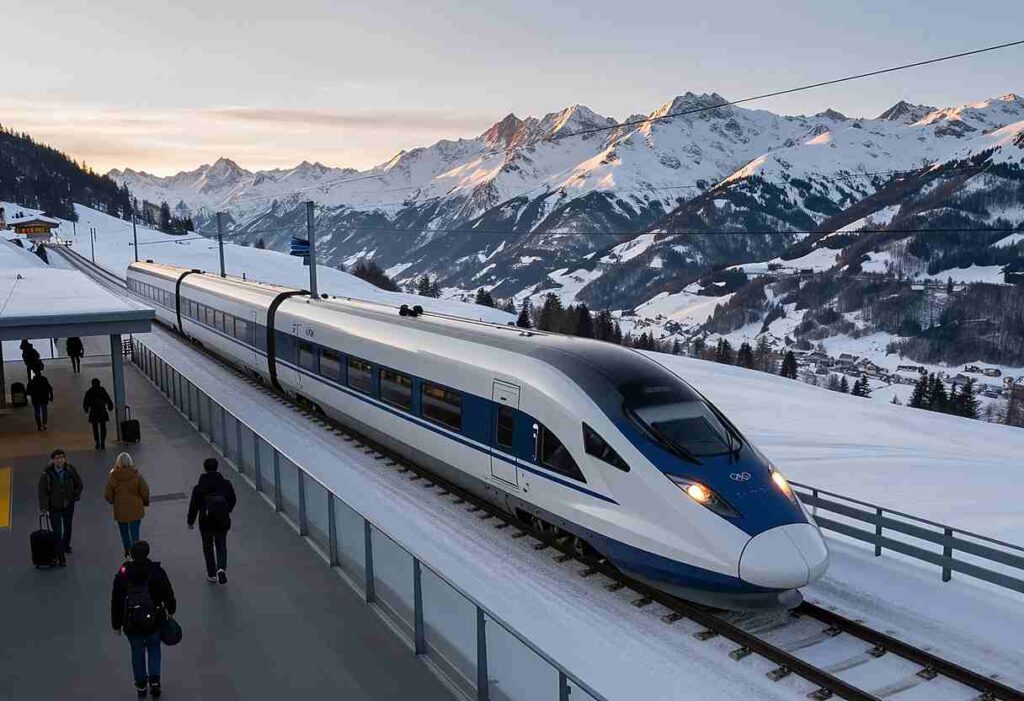 High‑speed train at a snowy alpine station with passengers on the platform and snow‑capped mountains in the background.
