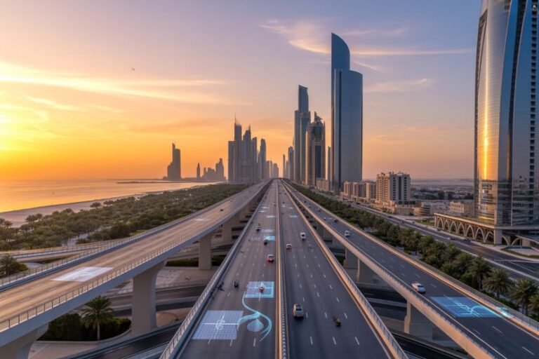Sunset over a city skyline with tall glass skyscrapers and a multi-level elevated highway with light traffic.