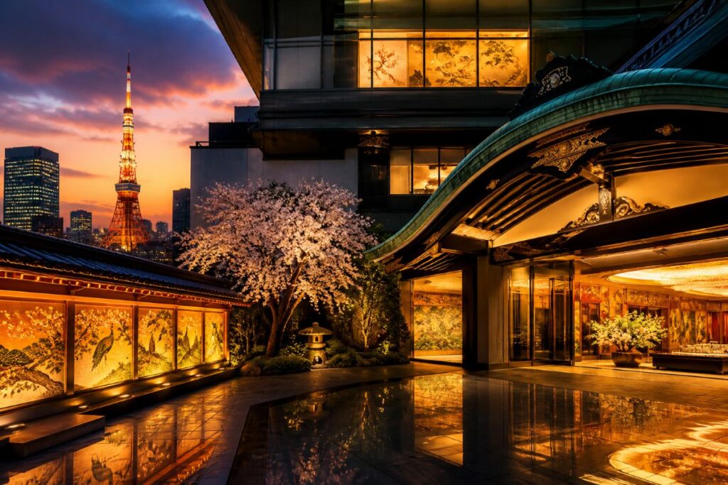 Evening view of a luxurious hotel courtyard with cherry blossoms, ornate curved roof, and Tokyo Tower in the distance. Reflective pool mirrors the warm lights.