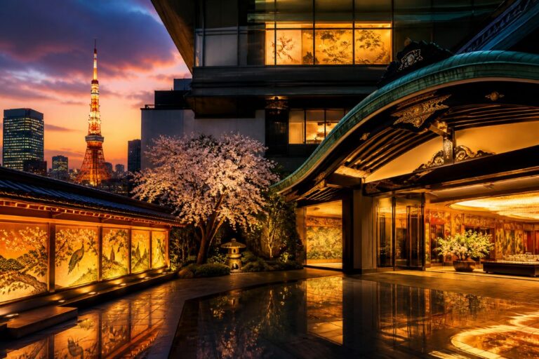Evening view of a luxurious hotel courtyard with cherry blossoms, ornate curved roof, and Tokyo Tower in the distance. Reflective pool mirrors the warm lights.