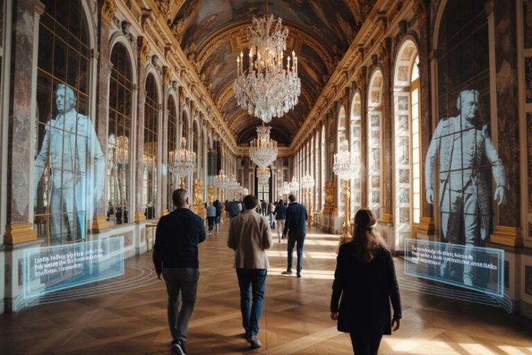 Grand gilded gallery corridor with crystal chandeliers; visitors walk beneath holographic displays along the walls.