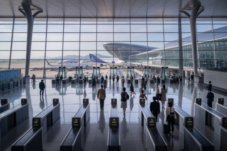 Busy airport terminal with passengers walking through security gates as planes taxi outside the large glass wall.