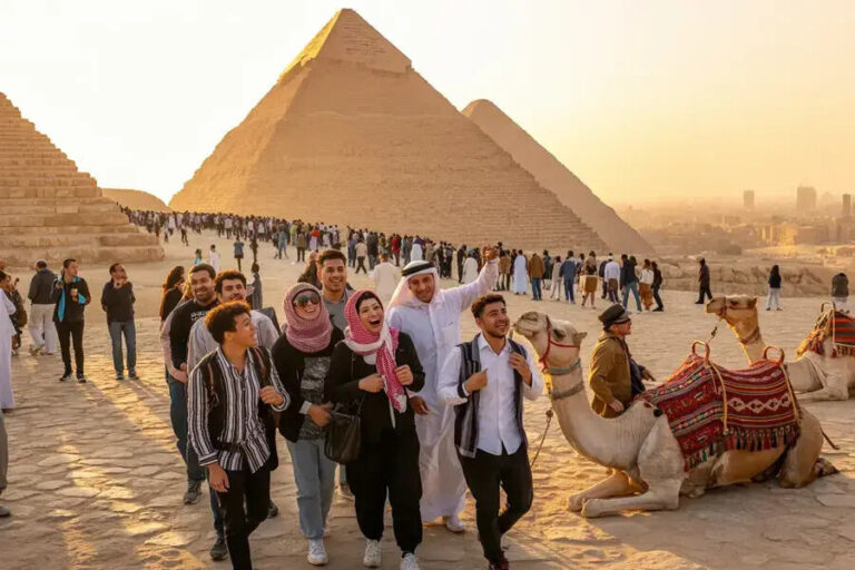 Group of friends and tourists posing for a photo near the pyramids of Giza at sunset, with camels nearby on the right.