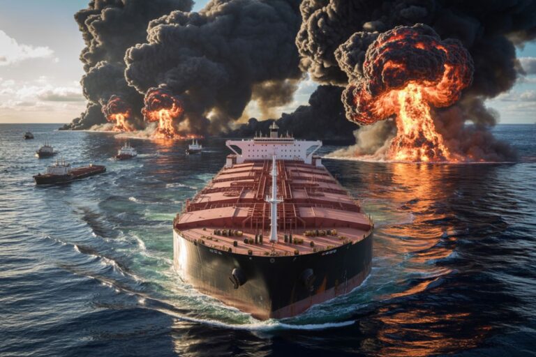 Oil tanker burning at sea with massive flames and thick black smoke, several support boats nearby.