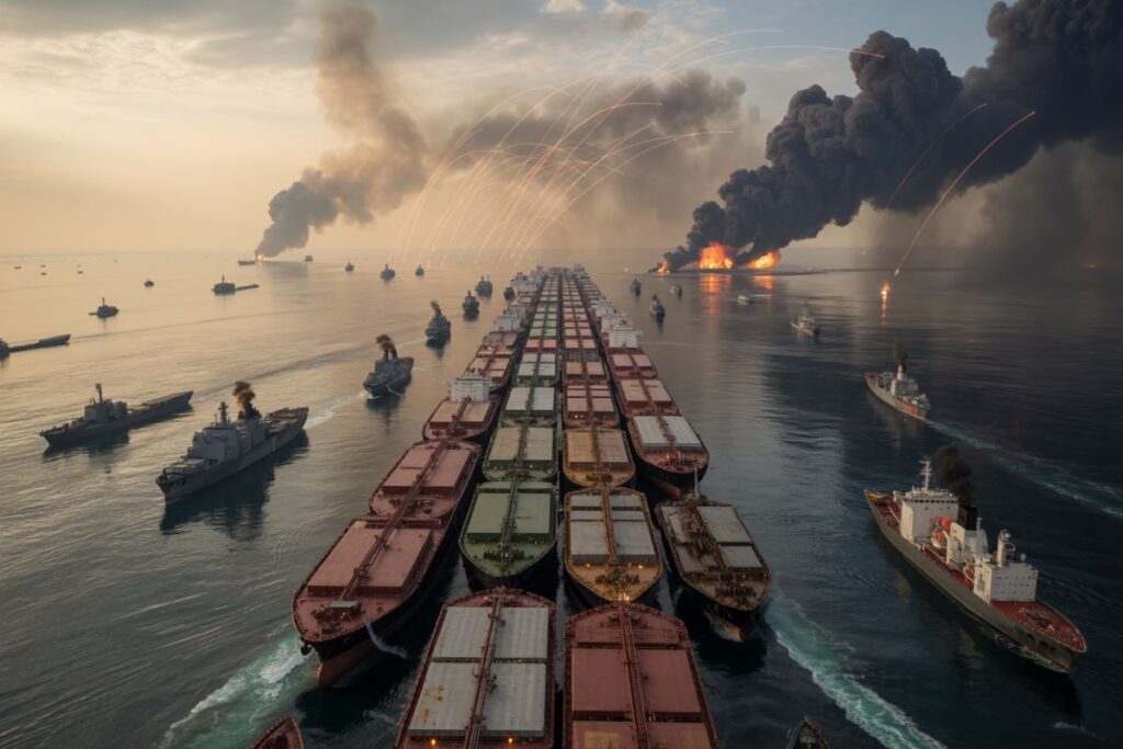 Aerial view of a long line of cargo ships at sea with large flames and dark smoke rising on the horizon adjacent to the convoy.
