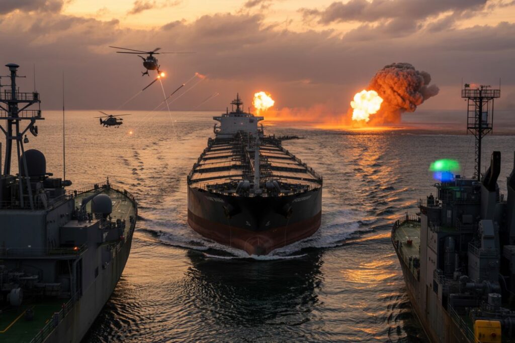 Large oil tanker passes between two escort ships at sunset, with helicopters overhead and a distant explosion on the horizon.