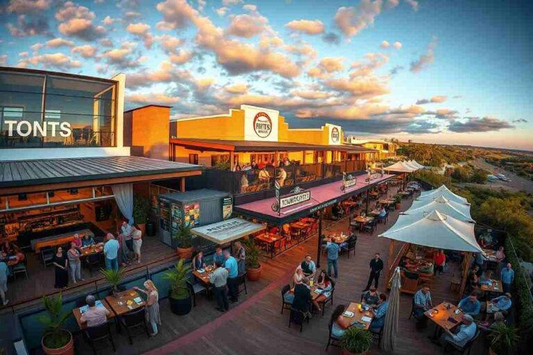 Outdoor dining deck at a shopping plaza at sunset, with diners at tables under white tents.