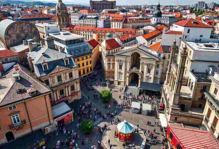 Aerial view of a busy historic city square with a colorful carousel, surrounding old buildings, and a prominent arched entrance.