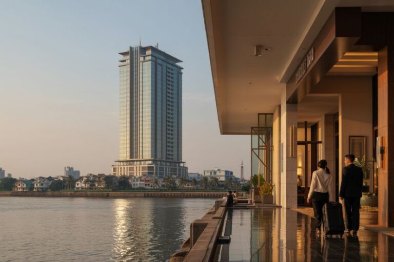 Hotel lobby walkway by a river at sunset; two people with luggage walk toward the entrance with a tall building across the water.