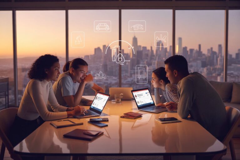 Five coworkers around a glass table with laptops, brainstorming at sunset in a high-rise office with a city view.