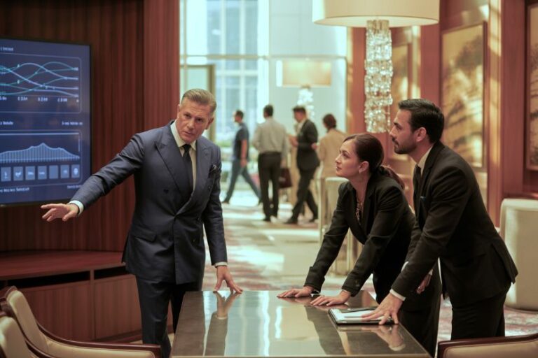 Businessman presenting data on a large screen to two colleagues at a glossy conference table in a modern lobby.