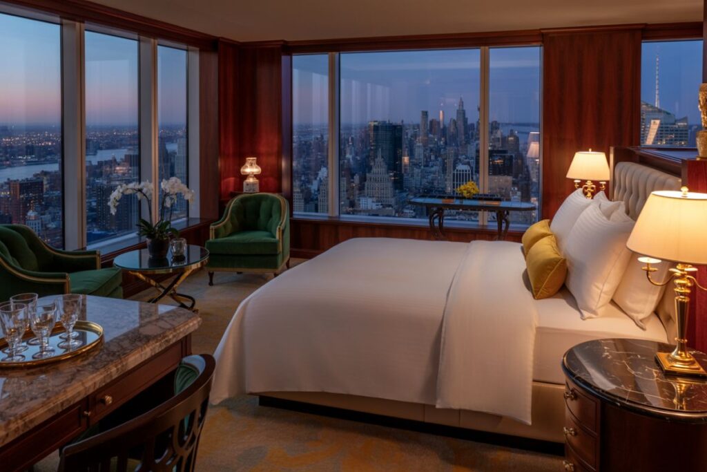 Luxurious hotel suite with a king bed, white linens, and gold-accent lamps, overlooking a city skyline at dusk through floor-to-ceiling windows.