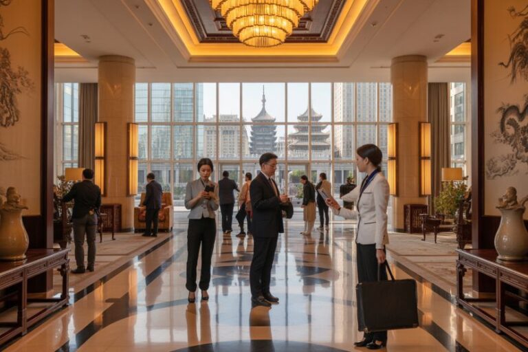 Business professionals chatting in a luxurious hotel lobby with a chandelier and marble floors; large windows show a pagoda-style building outside the cityscape.