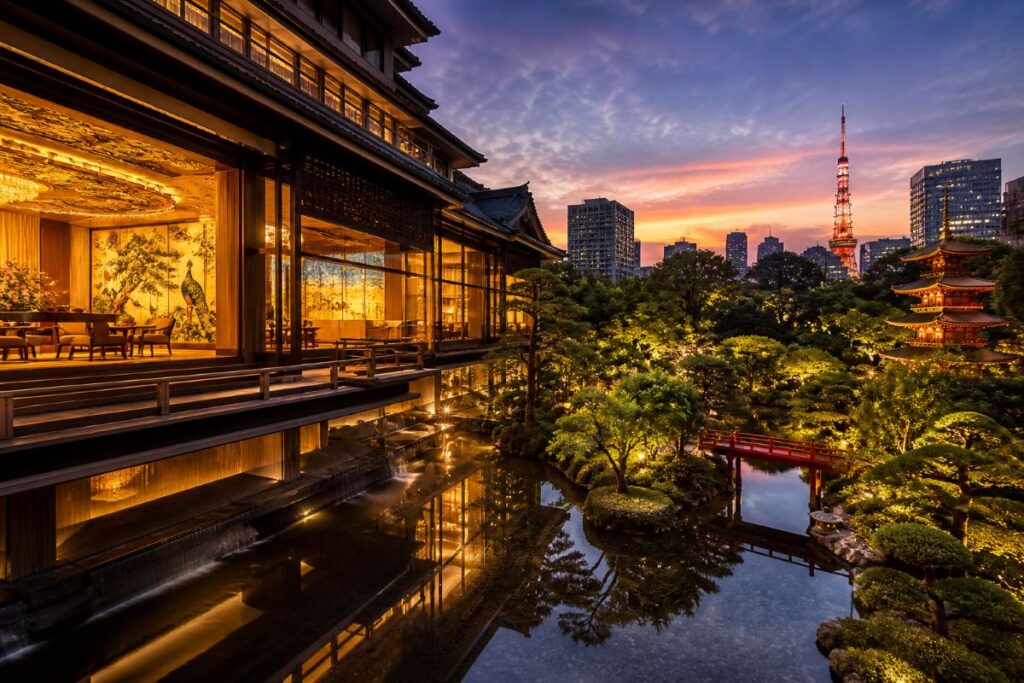 Evening view of a traditional Japanese building with a glass terrace, warm dining lights, and a reflecting pond in a manicured garden with city skyline.