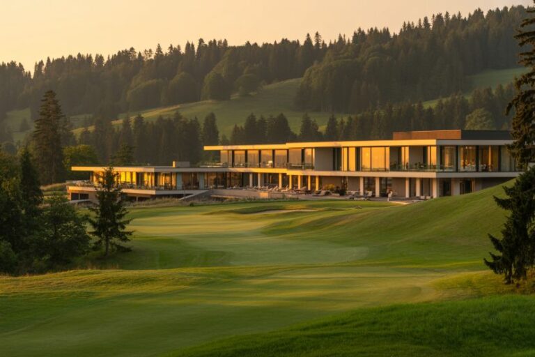 Modern, low-rise clubhouse on a lush golf course at sunset, with hills and trees in the background.