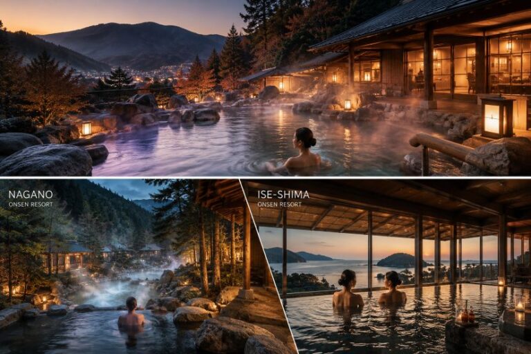 Collage of three onsen scenes: top shows an outdoor hot spring at dusk with a wooden bathhouse; bottom left a misty riverside onsen labeled Nagano; bottom right two people soak in an ocean-view onsen labeled Ise-Shima.