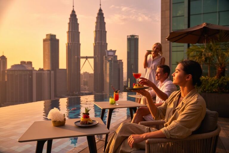 Three friends enjoy cocktails on a rooftop terrace at sunset, with a city skyline and pool in the foreground.