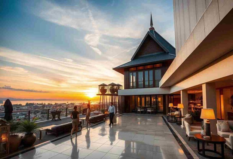 Hotel rooftop terrace at sunset with glass railing, lounge seating, and guests strolling toward the horizon.