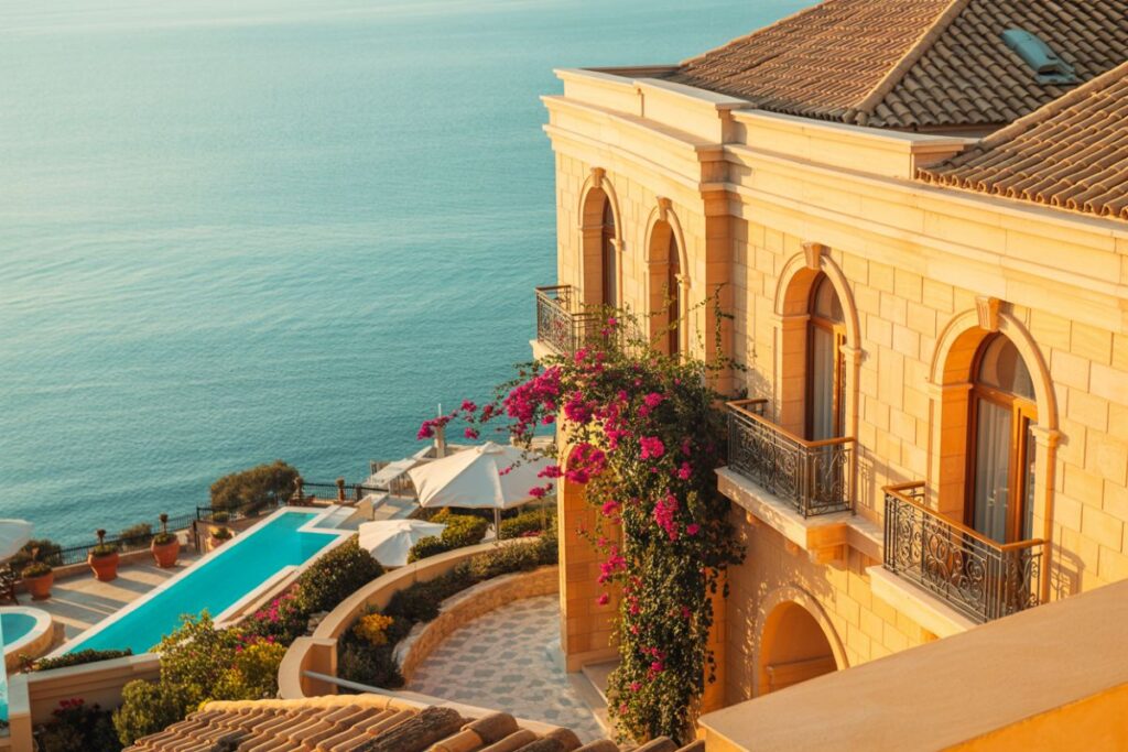 Luxurious seaside villa with arched windows, balcony railings and bougainvillea climbing the facade by a turquoise pool.